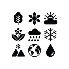Collection of nine black and white icons representing seasons nature and weather elements