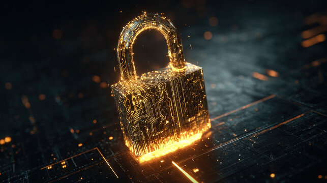 glowing holographic padlock with intricate circuitry pattern inside floating over dark digital grid futuristic security representation illustration concept scene visual for commercial design use high 