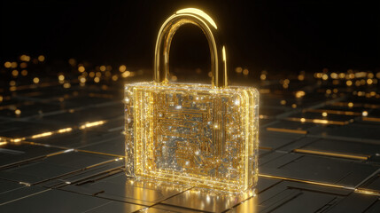 glowing holographic padlock with intricate circuitry pattern inside floating over dark digital grid futuristic security representation illustration concept scene visual for commercial design use high 
