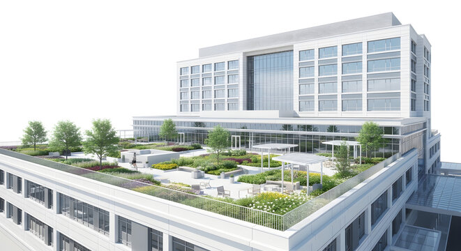 Architectural visualization of a modern institutional building featuring a sustainable green roof, landscaped terrace, and recreational sky garden