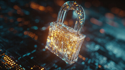 glowing holographic padlock with intricate circuitry pattern inside floating over dark digital grid futuristic security representation illustration concept scene visual for commercial design use high 