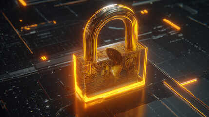 glowing holographic padlock with intricate circuitry pattern inside floating over dark digital grid futuristic security representation illustration concept scene visual for commercial design use high 