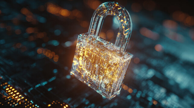 glowing holographic padlock with intricate circuitry pattern inside floating over dark digital grid futuristic security representation illustration concept scene visual for commercial design use high 
