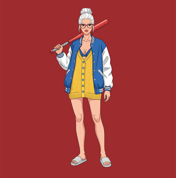 Cool Girl with Baseball Bat in Varsity Jacket, Urban Streetwear Vector Illustration