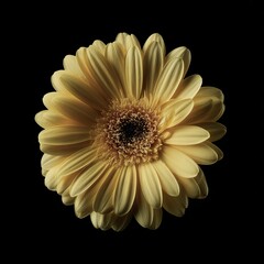 The bright yellow gerbera flower boasts vibrant petals that display a stunning radial pattern, fostering a cheerful and uplifting ambiance, ideal for inclusion in floral arrangements and decorative