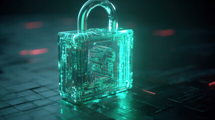glowing holographic padlock with intricate circuitry pattern inside floating over dark digital grid futuristic security representation illustration concept scene visual for commercial design use high 