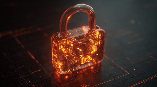 glowing holographic padlock with intricate circuitry pattern inside floating over dark digital grid futuristic security representation illustration concept scene visual for commercial design use high 