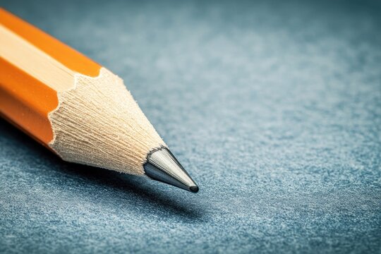 Close-up of a sharpened orange pencil's graphite tip resting on a textured blue surface; shallow depth of field emphasizes the point