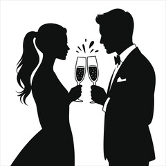 Elegant couple silhouette toasting with champagne. Romantic man in a tuxedo and woman in a dress celebrating a wedding, anniversary, or party. Vector graphic illustration..