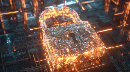 glowing holographic padlock with intricate circuitry pattern inside floating over dark digital grid futuristic security representation illustration concept scene visual for commercial design use high 