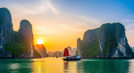 Traditional boat sailing in Ha Long Bay at sunrise with limestone cliffs and emerald waters, iconic Vietnam travel destination and natural wonder