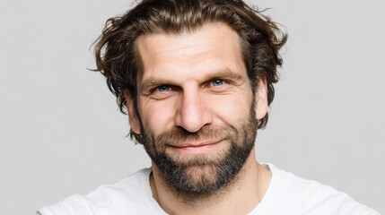 The Elegant Gentleman, a male man model, is isolated on a plain background, showcasing refined features and a beard that epitomize the Silicone Based Primer's ideal of gentle sophistication and