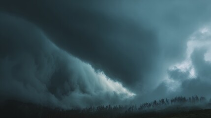 Obraz premium dramatic storm supercell thunderstorm over mountain landscape dark moody weather formation tornado warning atmospheric