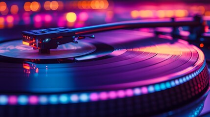 A vinyl record player with vibrant neon pink and blue lights, creating a dynamic atmosphere for music lovers in a modern sound experience.