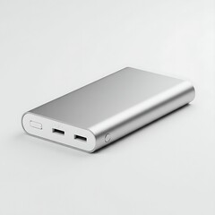 ​A sleek silver power bank with USB ports for charging portable electronic devices.