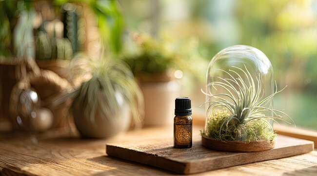 A small brown glass bottle of essential oil sits on a wooden tray amongst various plants in a sunlit indoor setting