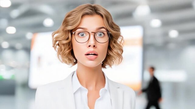Astonished Woman with Glasses: Capturing an expressive moment of surprise, a fair-skinned woman with curly blonde hair, wearing glasses and a white suit jacket, has a surprised expression.