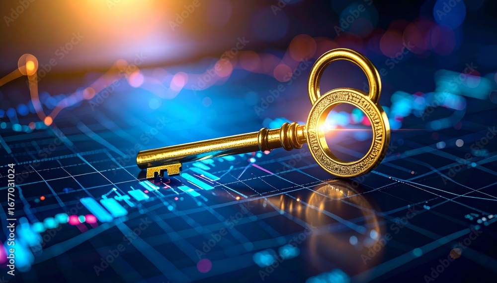 Poster golden key on digital graph background representing success and access
