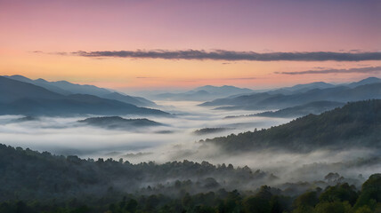 Obraz premium Sunrise Over Misty Mountains and Valley