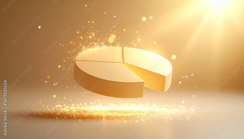 Poster golden pie chart with sparkles displaying data visualization concept