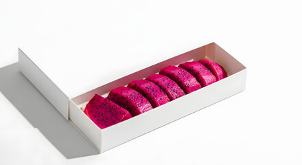 Vibrant Dragon Fruit Slices Artfully Arranged in a Clean White Box