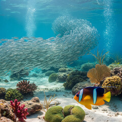 Generative AI Underwater School of Fish and Clownfish School of fish Coral reef Ocean Sea Marine life Tropical Turquoise water Bubbles Sand Coral Sea life Reef Nature - Download Now