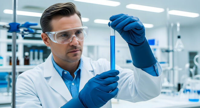 Scientist Examining a Blue Liquid Sample in Lab