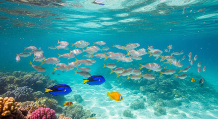Generative AI Vibrant Coral Reef with School of Fish Coral reef Underwater Yellowtail snapper Ocean Sea Marine life Tropical Blue tang Clownfish Biodiversity Nature - Unique Design