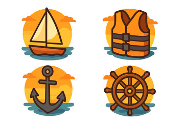 Sailing icons set. Vector cartoon sailboat, life jacket, anchor, ship's wheel. Nautical boat trip elements. Maritime travel and vacation symbols. Marine flat design collection.