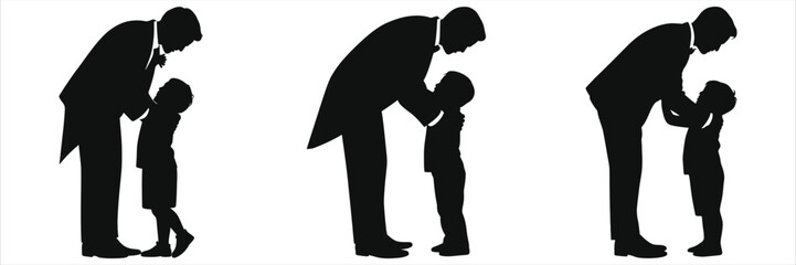 Heartwarming Silhouette of Father and Child Interaction, Black and White Illustration Set for Father’s Day, Parenting Blogs, Greeting Cards, Posters, and Family-Themed Decor.