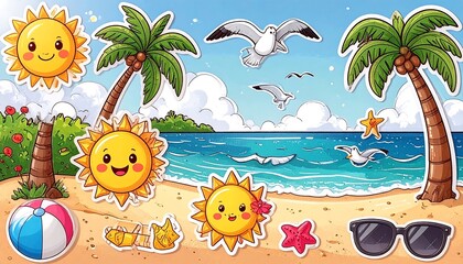 Cute beach scene with stickers