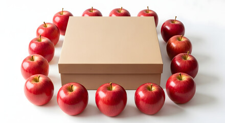 A neat square arrangement of shiny red apples forming a frame around a closed cardboard gift box on a white background, symbolizing health and nutrition