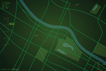 City map military navigation GPS overlay. Top view, view from above with military classic oldschool green monochrome cyber overlay. Simple realistic map design of town.