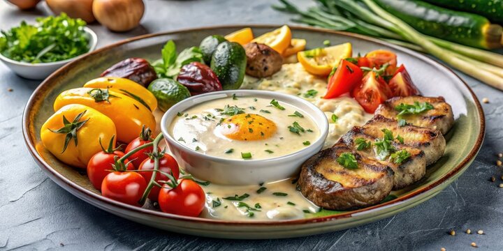 Serbian pljeskavica served with traditional Balkan side dishes