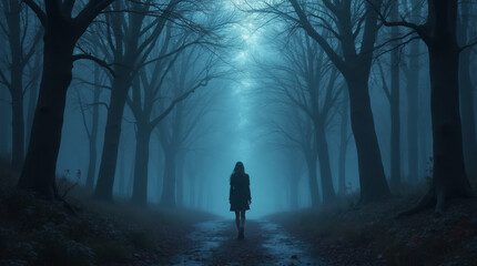 Generative AI Woman walking in a foggy forest Fog Path Trees Dark Mist Silhouette Back view Gloomy Eerie Lonely Trail Nature Landscape Moody Blue Atmospheric Avenue Mystery - Download Now