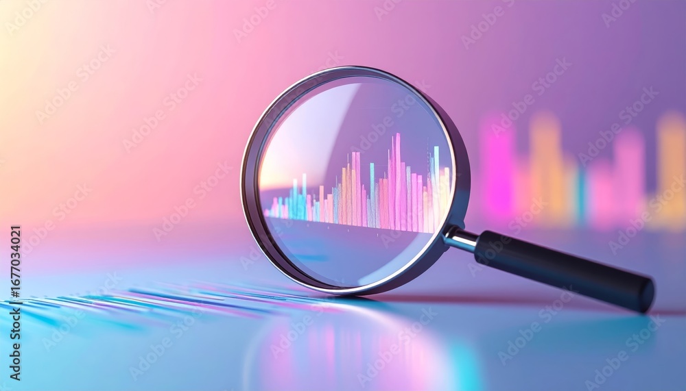 Poster magnifying glass focus on colorful graphs and data visualization effects