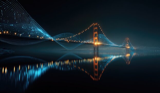 A digital, futuristic depiction of a suspension bridge, reflected in dark water, with glowing, abstract data streams - Powered by Adobe