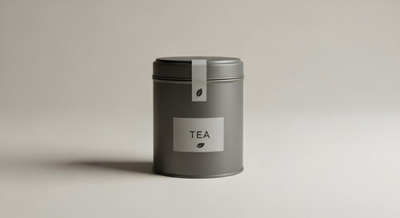 A modern and clean presentation of a grey metal tea tin, an elegant product packaging mockup with a simple customizable label