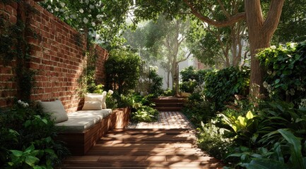 Sun-drenched backyard retreat. Lush greenery, brick wall, wooden decking, and a comfy seating area create a tranquil oasis