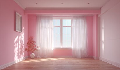 Pink room with window, sunlight