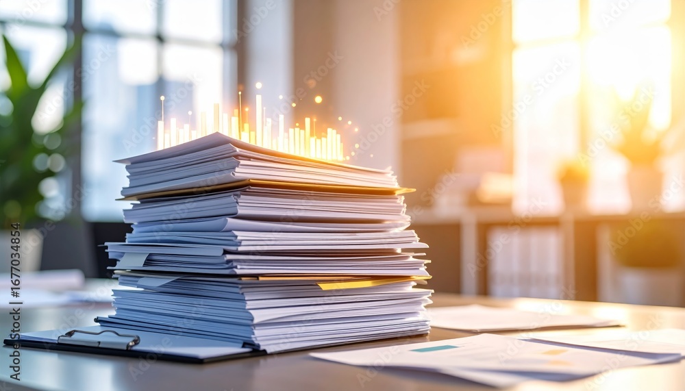 Poster stacked papers with data visualization and sunset in office setting