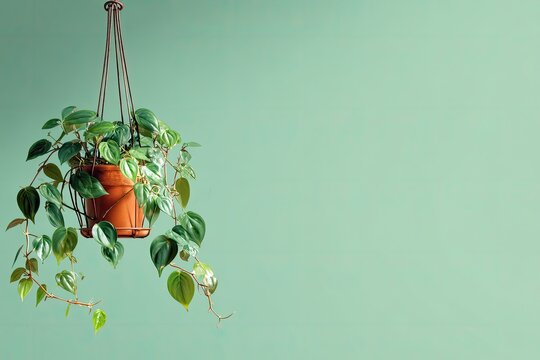 Hanging terracotta planter with vibrant foliage against a mint green wall