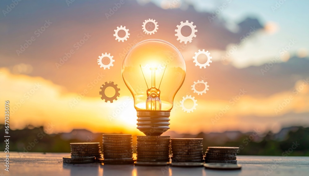 Poster light bulb with gears symbolizing idea generation and wealth creation