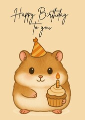 Cute hamster holding a cupcake with a birthday hat on a light beige background.