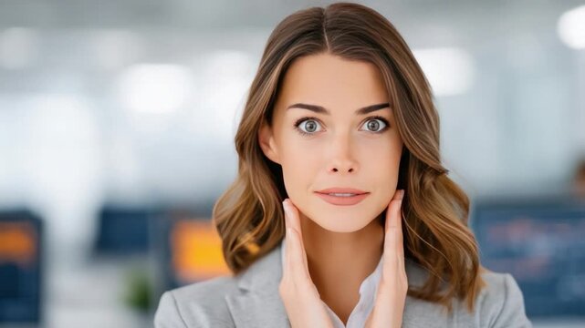 Startled Expression: A close-up shot of a sophisticated woman with wide, inquisitive eyes and a touch of surprise, conveying the depth of human expression and emotion.