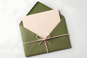 Olive Green Envelope with Beige Card and Pink Twine Bow on White Background