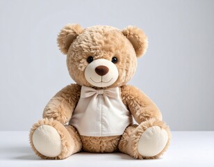 Fototapeta premium A soft and cuddly teddy bear sitting on a white with a gentle expression and bow.