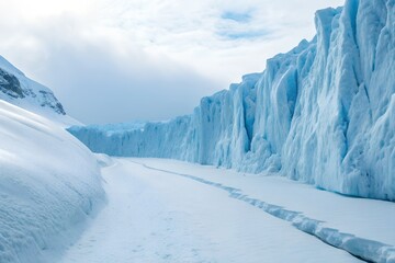 Stunning Blue Ice Glacier Wall and Snowy Path in a Frozen Polar Landscape