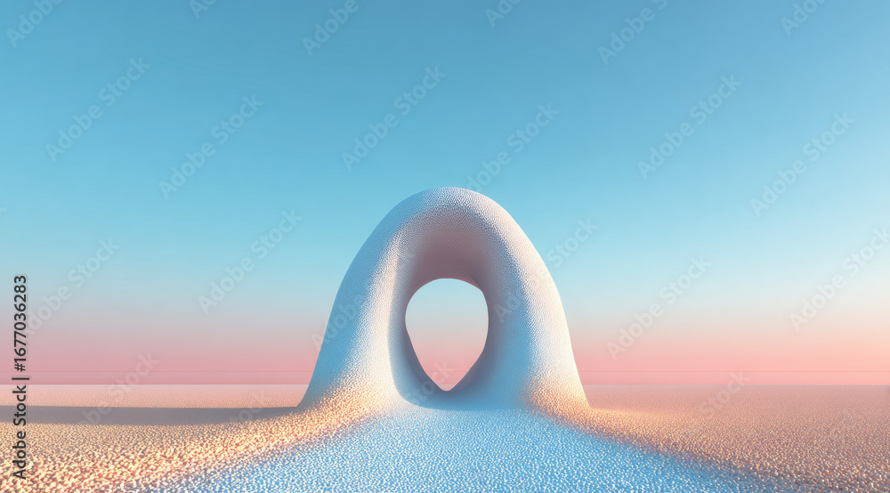 Poster surreal abstract arch structure with soft curves stands on textured sand under pastel sky, evoking c