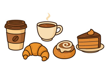 Coffee and pastry cartoon set. Vector breakfast food illustration for cafe menu. To-go coffee cup, mug, croissant, cinnamon roll, and cake slice. Bakery and dessert icons.